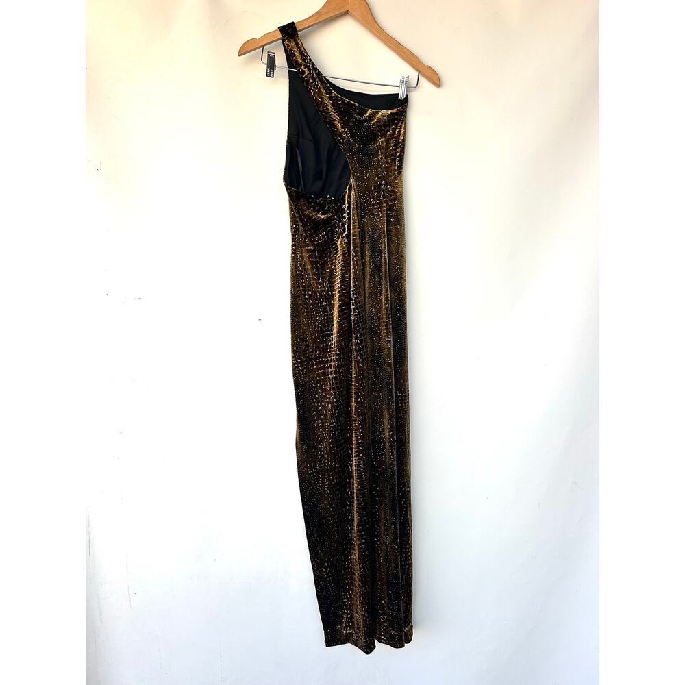 Vintage Y2K Cache Velvet Maxi Dress Brown Gold One Shoulder Gown 8 Slit - Picture 4 of 10